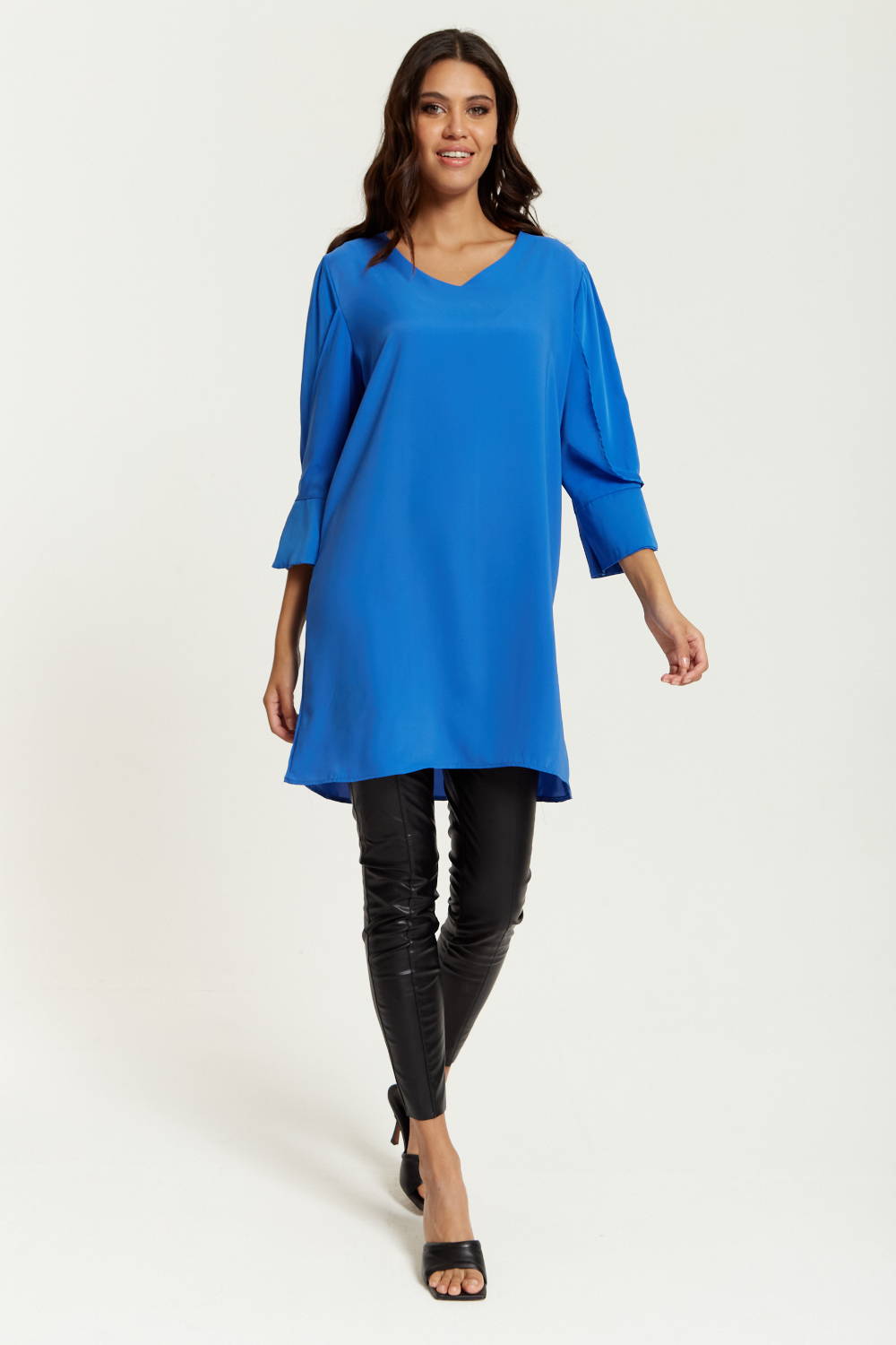 Oversized Detailed Sleeves V Neck Tunic in Blue