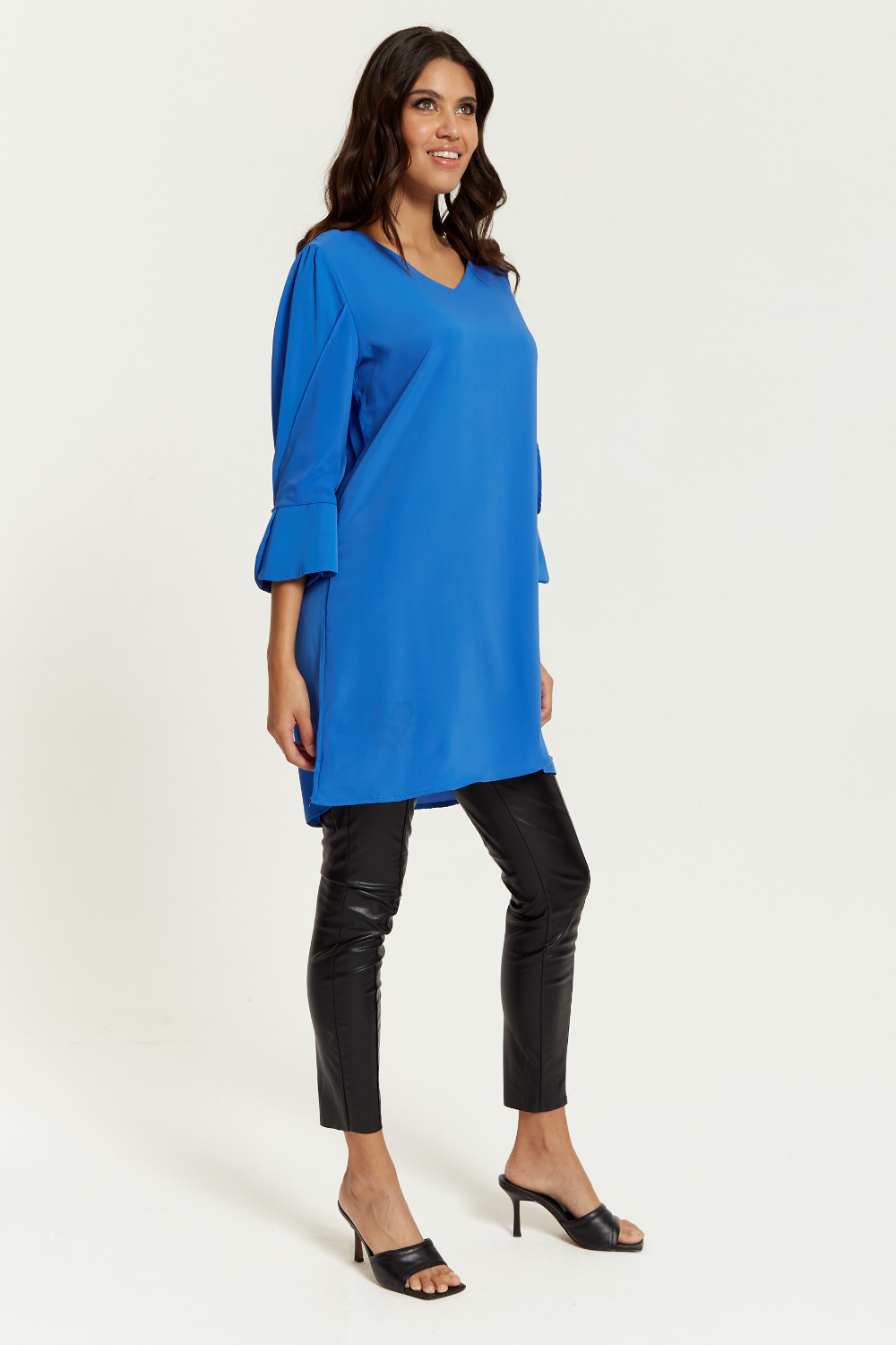 Oversized Detailed Sleeves V Neck Tunic in Blue