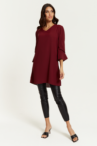 Oversized Detailed Sleeves V Neck Tunic in Burgundy