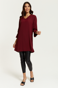 Oversized Detailed Sleeves V Neck Tunic in Burgundy