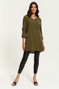Oversized Detailed Sleeves V Neck Tunic in Khaki