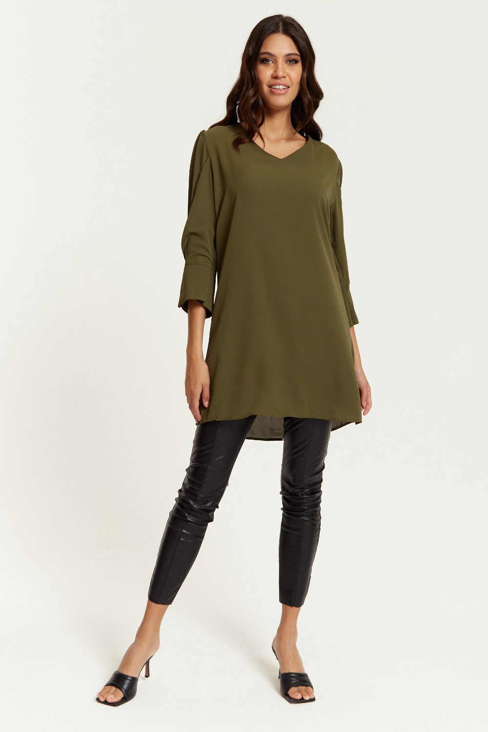 Oversized Detailed Sleeves V Neck Tunic in Khaki