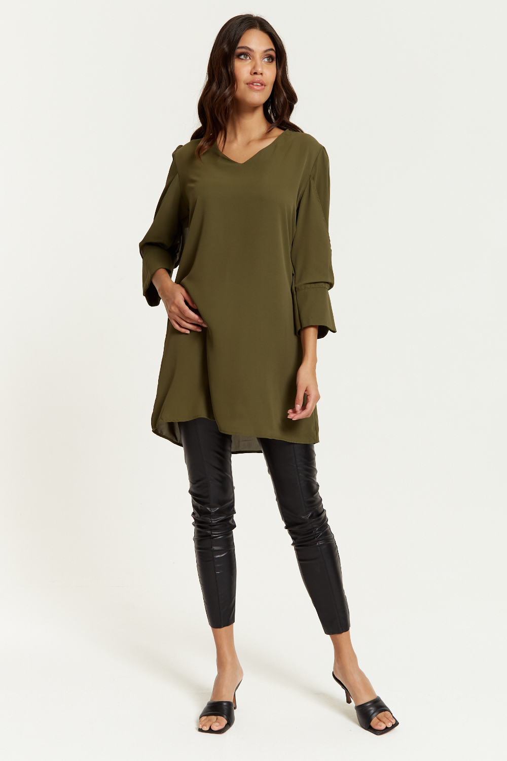 Oversized Detailed Sleeves V Neck Tunic in Khaki
