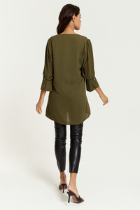 Oversized Detailed Sleeves V Neck Tunic in Khaki