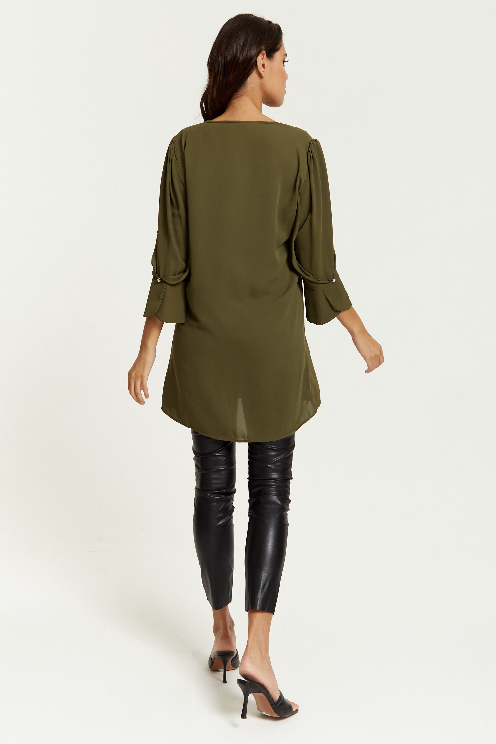 Oversized Detailed Sleeves V Neck Tunic in Khaki