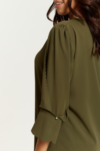 Oversized Detailed Sleeves V Neck Tunic in Khaki