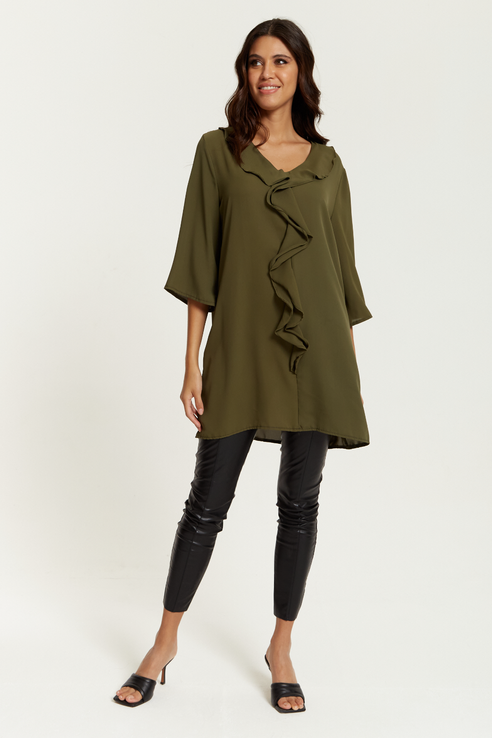 Oversized Frill Detailed 3/4 Sleeves Tunic Shirt in Khaki