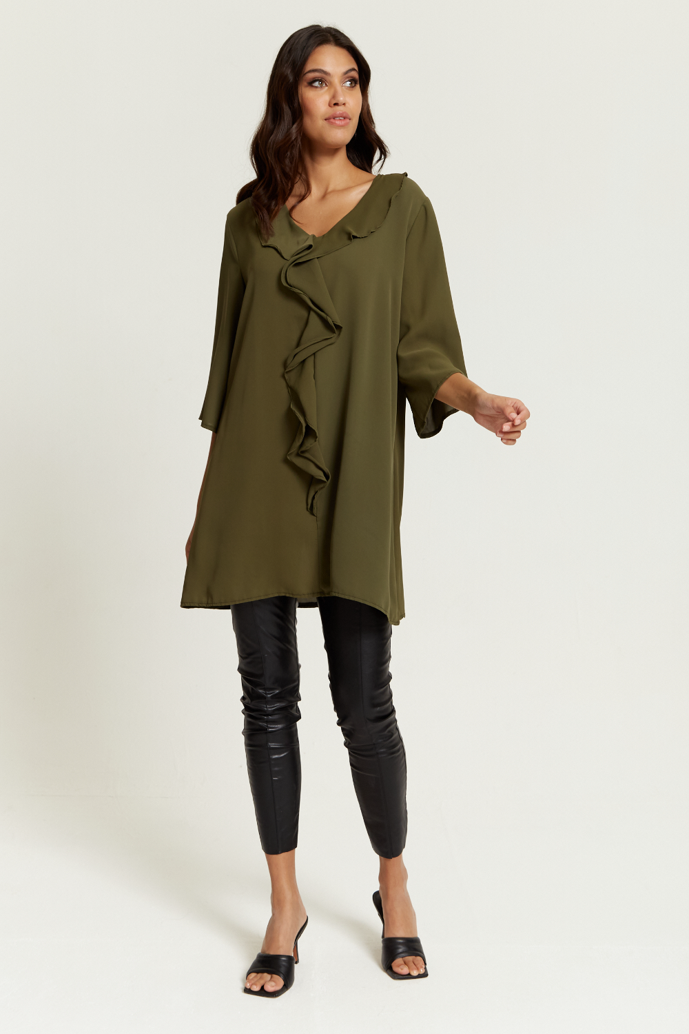Oversized Frill Detailed 3/4 Sleeves Tunic Shirt in Khaki