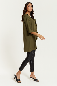 Oversized Frill Detailed 3/4 Sleeves Tunic Shirt in Khaki