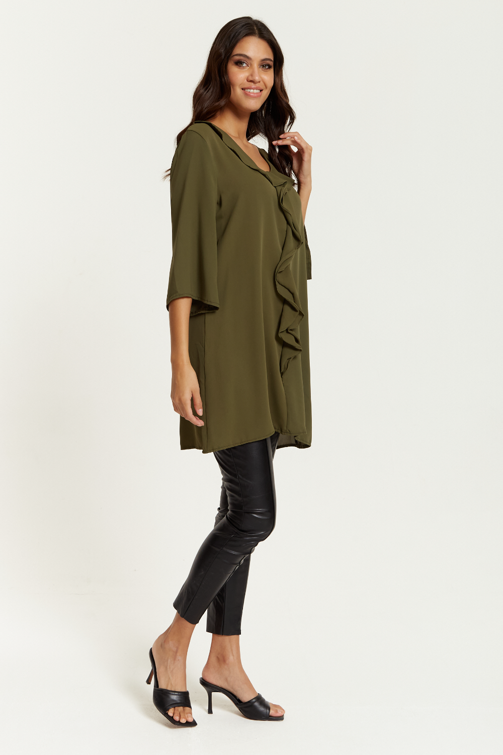 Oversized Frill Detailed 3/4 Sleeves Tunic Shirt in Khaki