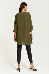 Oversized Frill Detailed 3/4 Sleeves Tunic Shirt in Khaki