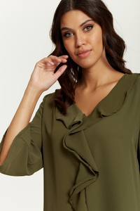 Oversized Frill Detailed 3/4 Sleeves Tunic Shirt in Khaki