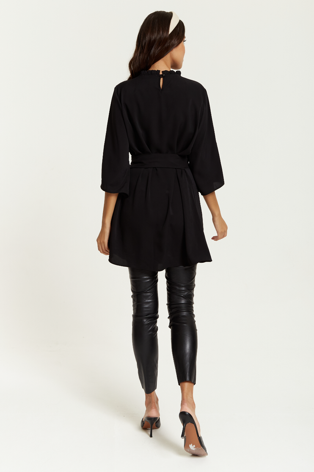 Tie Waisted Ruffle Neck Tunic with 3/4 Sleeves in Black