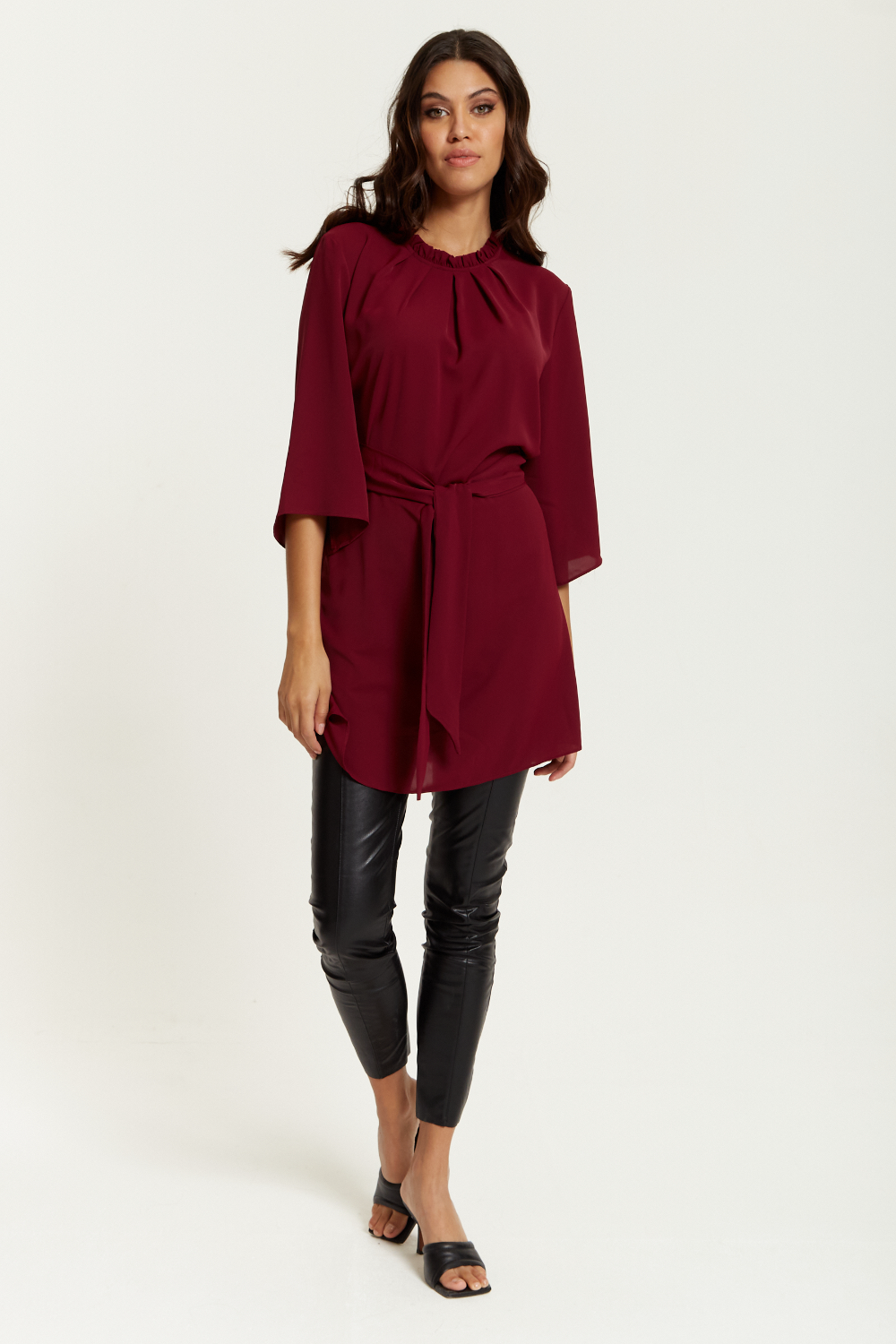 Tie Waisted Ruffle Neck Tunic with 3/4 Sleeves in Burgundy