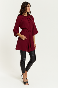 Tie Waisted Ruffle Neck Tunic with 3/4 Sleeves in Burgundy