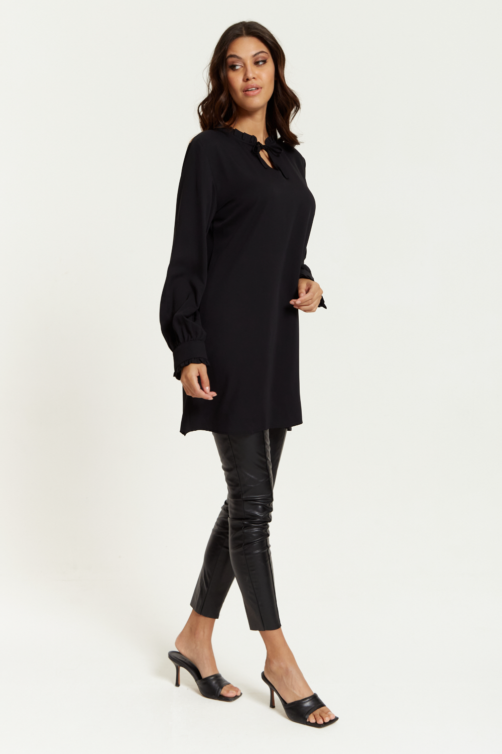 Oversized Tunic with Ruffle Neck Detailed in Black