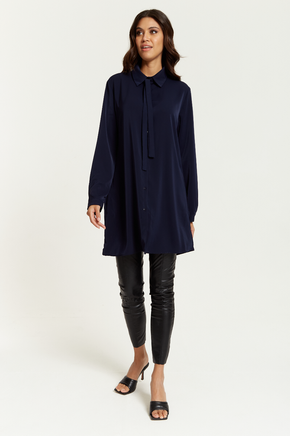 Oversized Tie Detailed Shirt Tunic with Long Sleeves in Navy