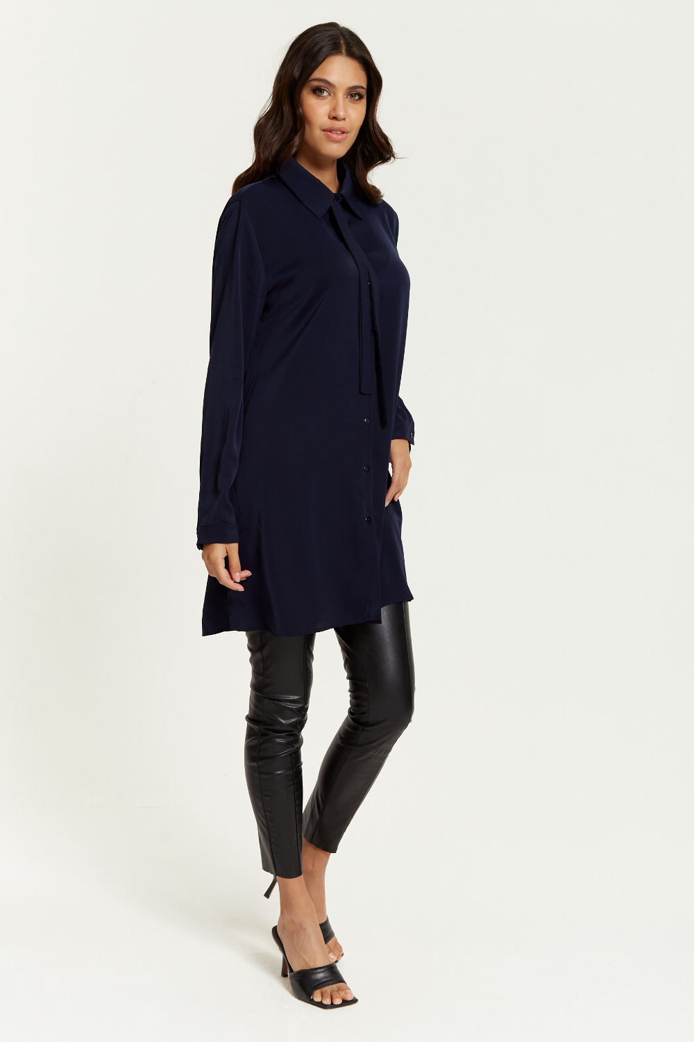 Oversized Tie Detailed Shirt Tunic with Long Sleeves in Navy