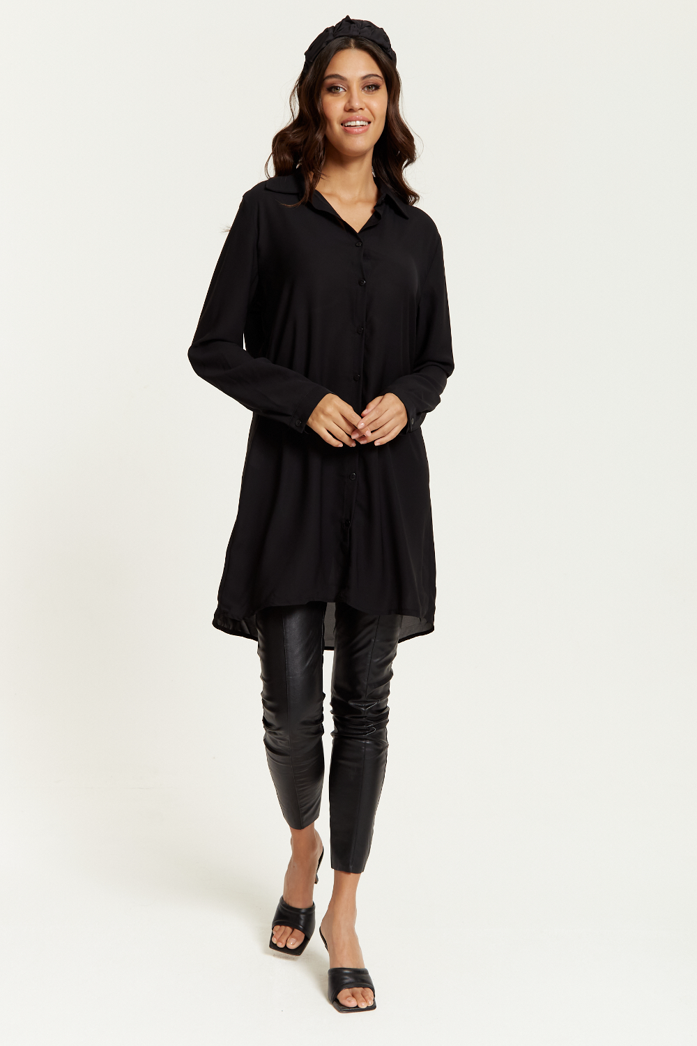 Oversized Shirt Tunic with Long Sleeves in Black