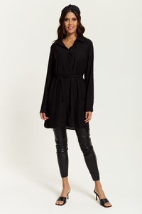 Oversized Belt Detailed Shirt Tunic with Long Sleeves in Black