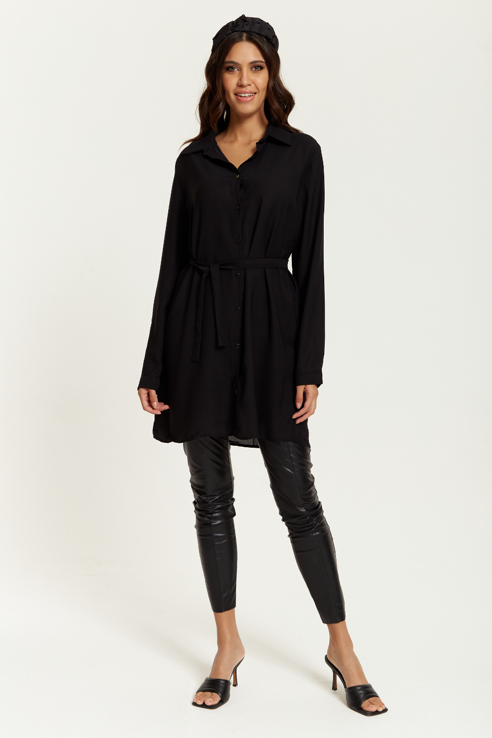 Oversized Belt Detailed Shirt Tunic with Long Sleeves in Black