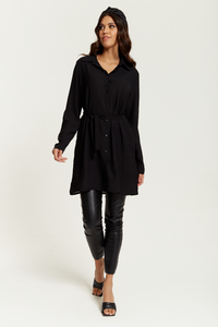 Oversized Belt Detailed Shirt Tunic with Long Sleeves in Black