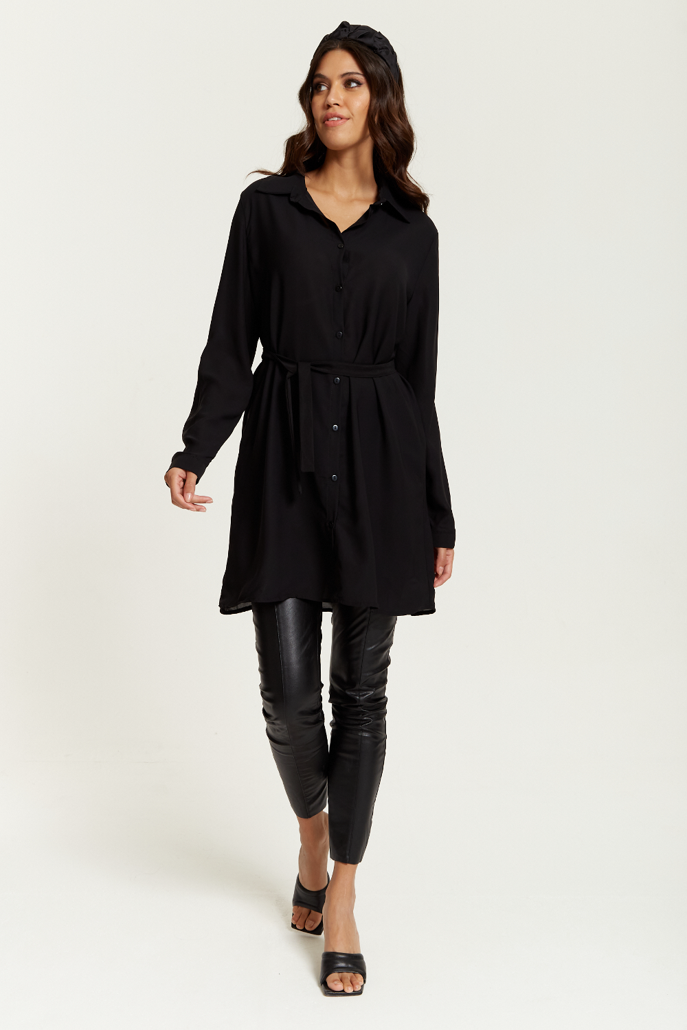 Oversized Belt Detailed Shirt Tunic with Long Sleeves in Black