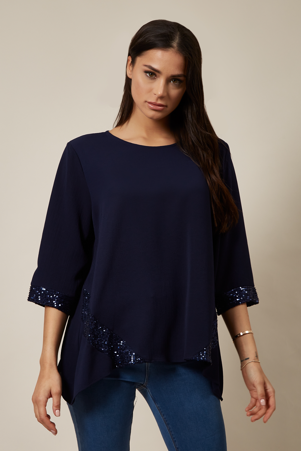 Oversized Sequin Detail Top In Navy