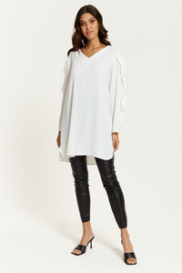 Oversized V Neck Ruffle Sleeves Tunic in White
