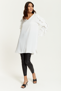 Oversized V Neck Ruffle Sleeves Tunic in White