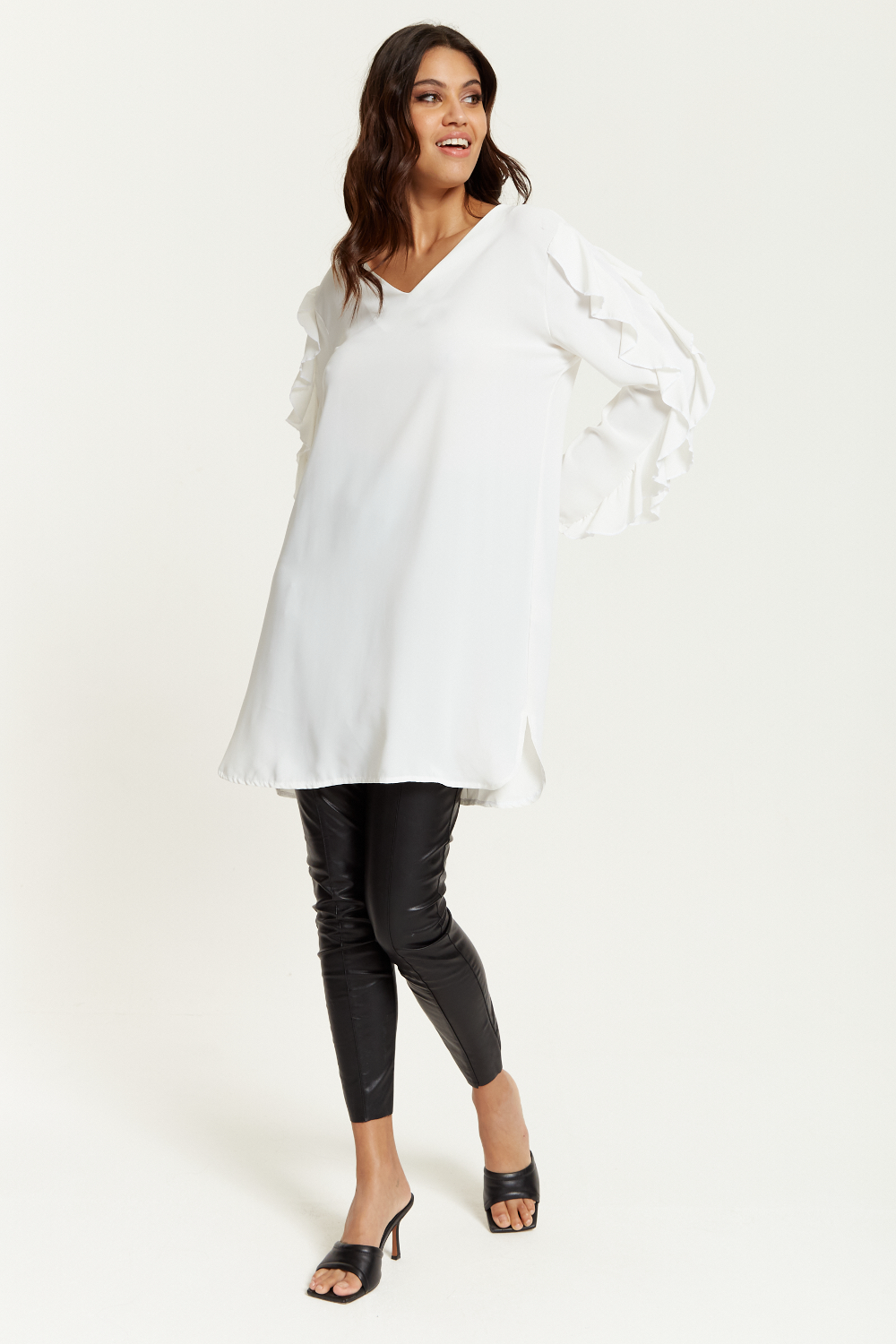 Oversized V Neck Ruffle Sleeves Tunic in White