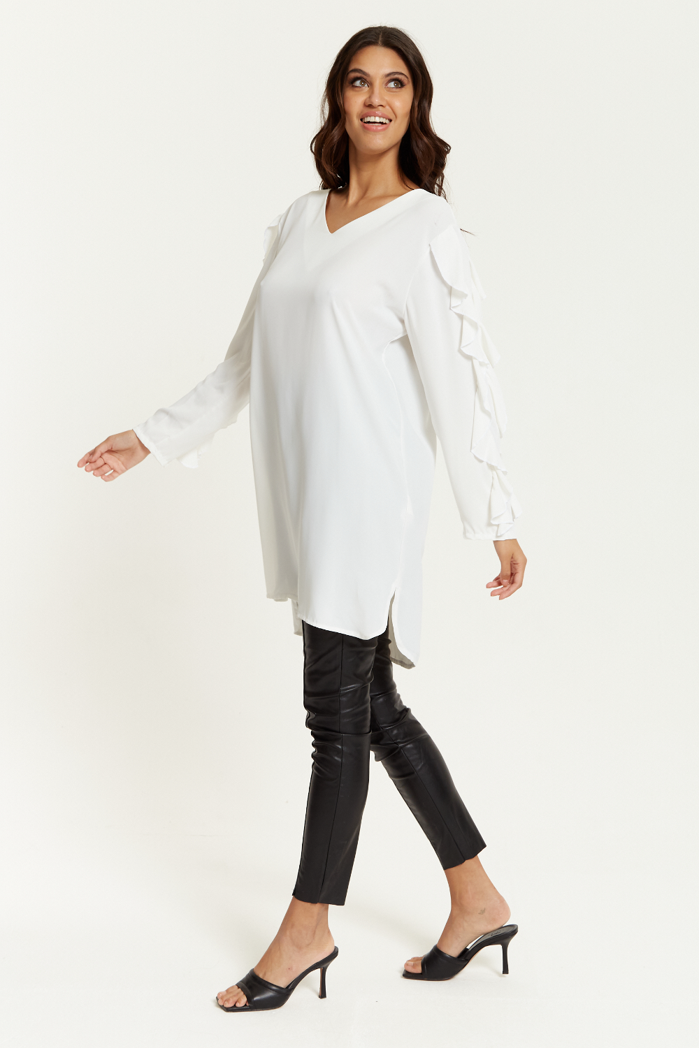 Oversized V Neck Ruffle Sleeves Tunic in White