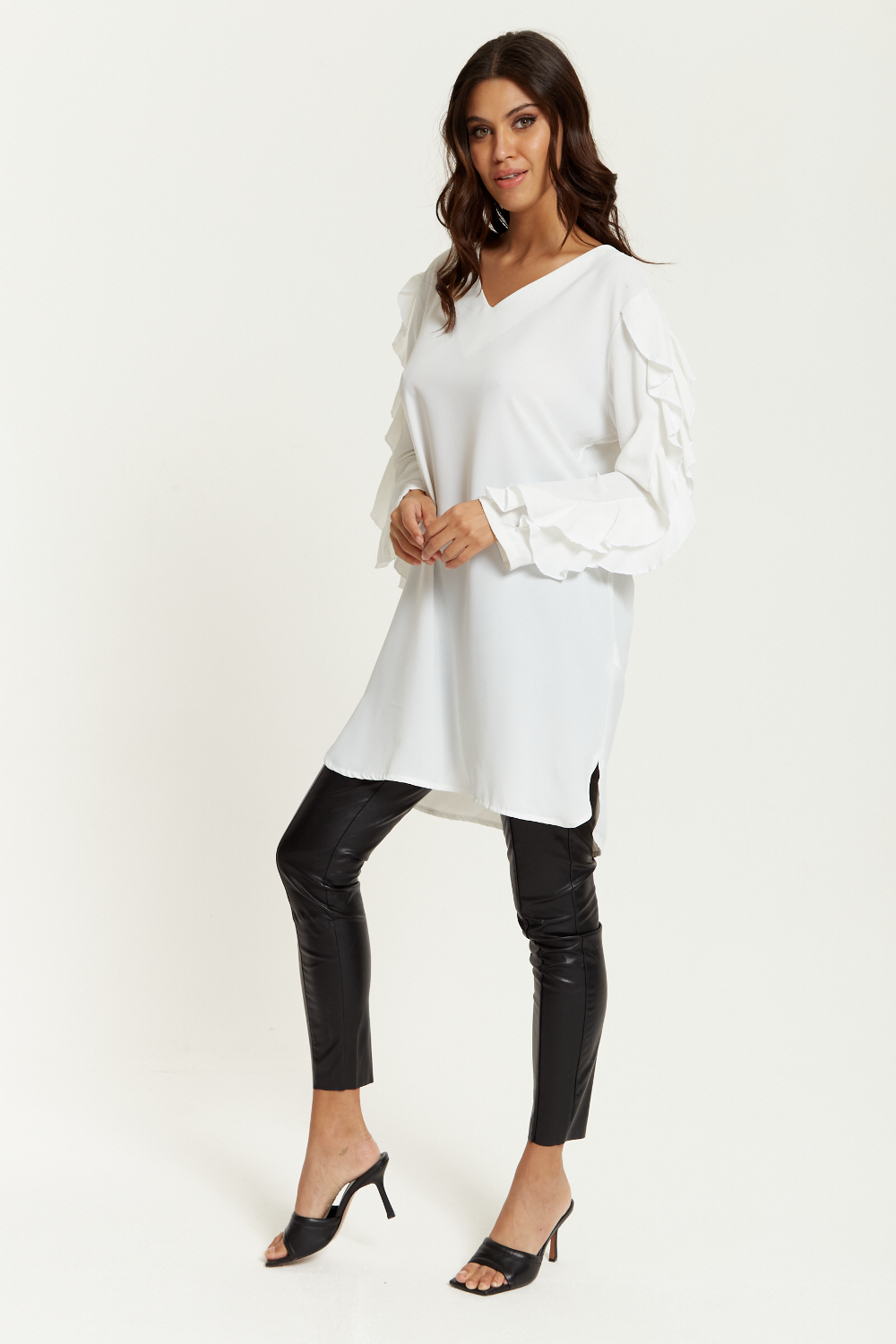 Oversized V Neck Ruffle Sleeves Tunic in White