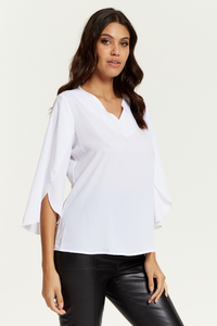 Oversized V Neck Top with Split Sleeves in White