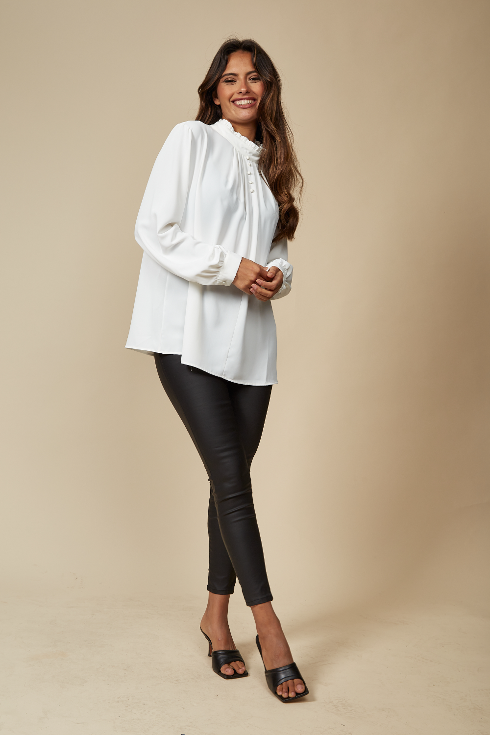 Oversized Ruffle Neck Top with Long Sleeves in White