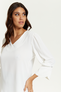 Long Sleeves Detailed Cuff Blouse with V Neck in White