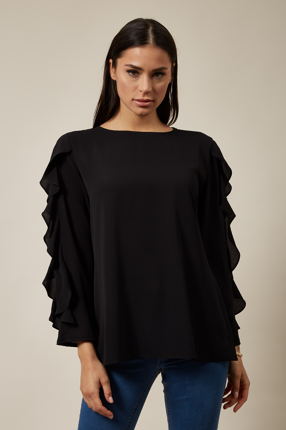 Black ruffle shoulder top sale