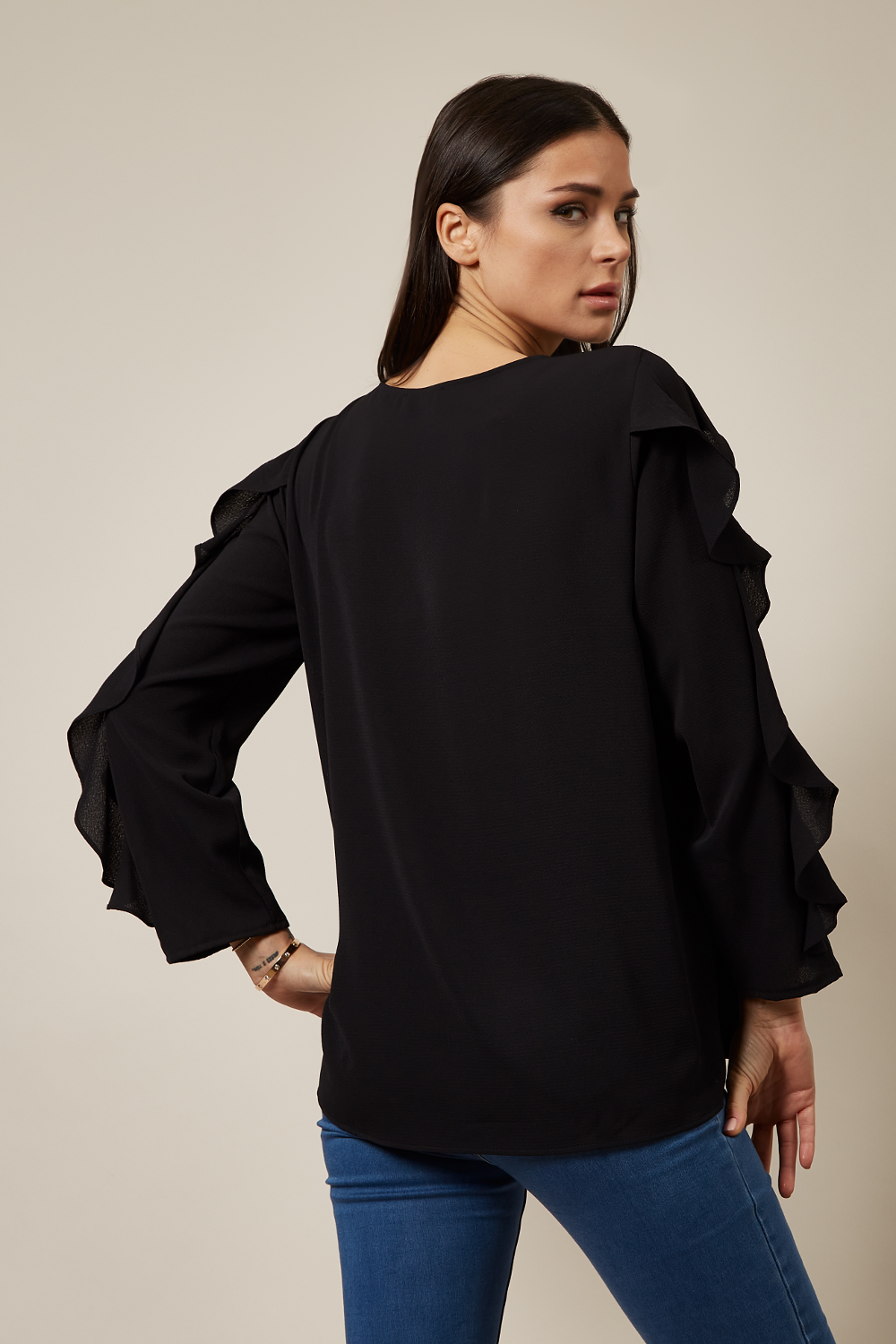 Oversized Ruffle Sleeve Relaxed Fit Top In Black