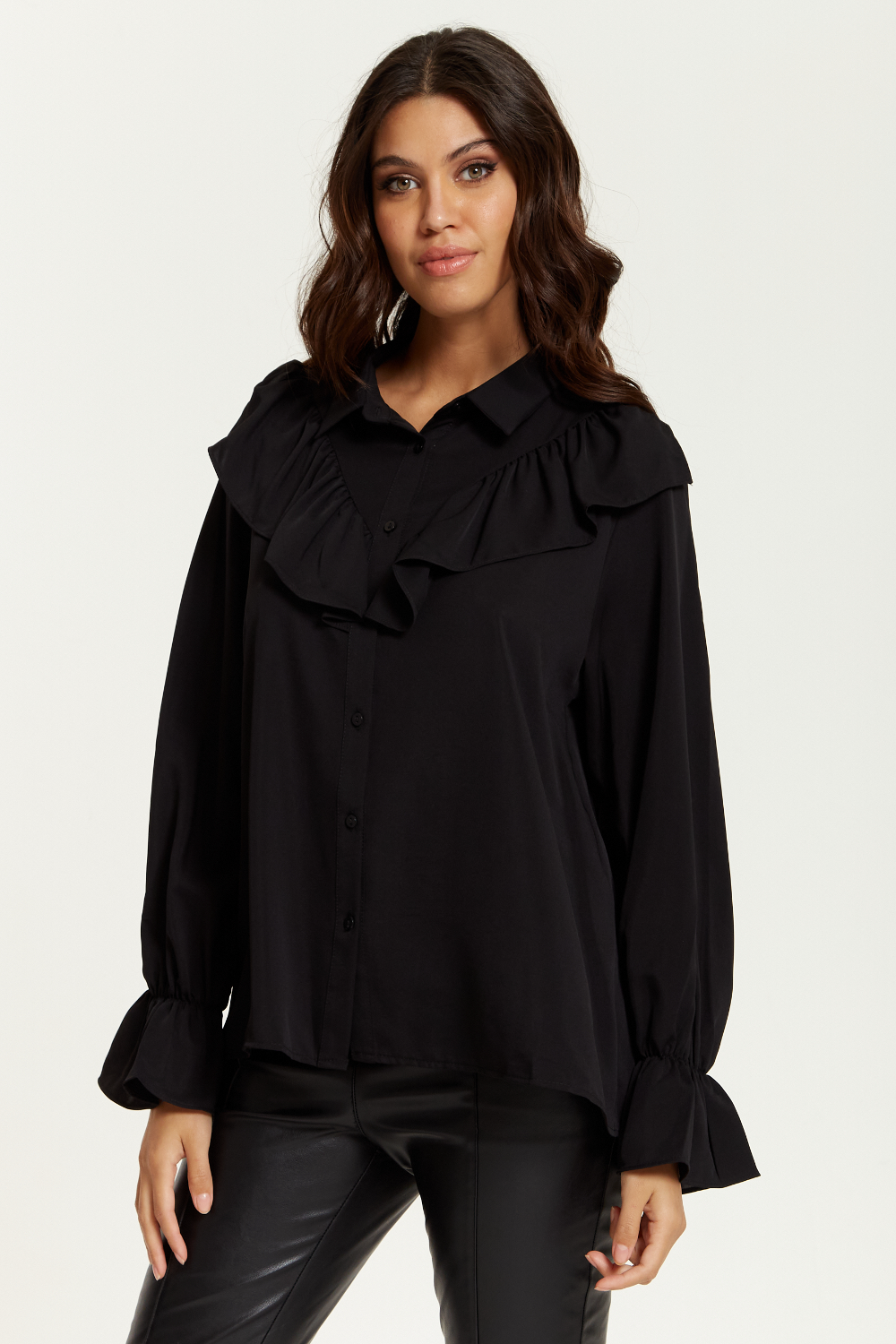 Ruffle Detailed Front with Ruffle Sleeves Shirt in Black