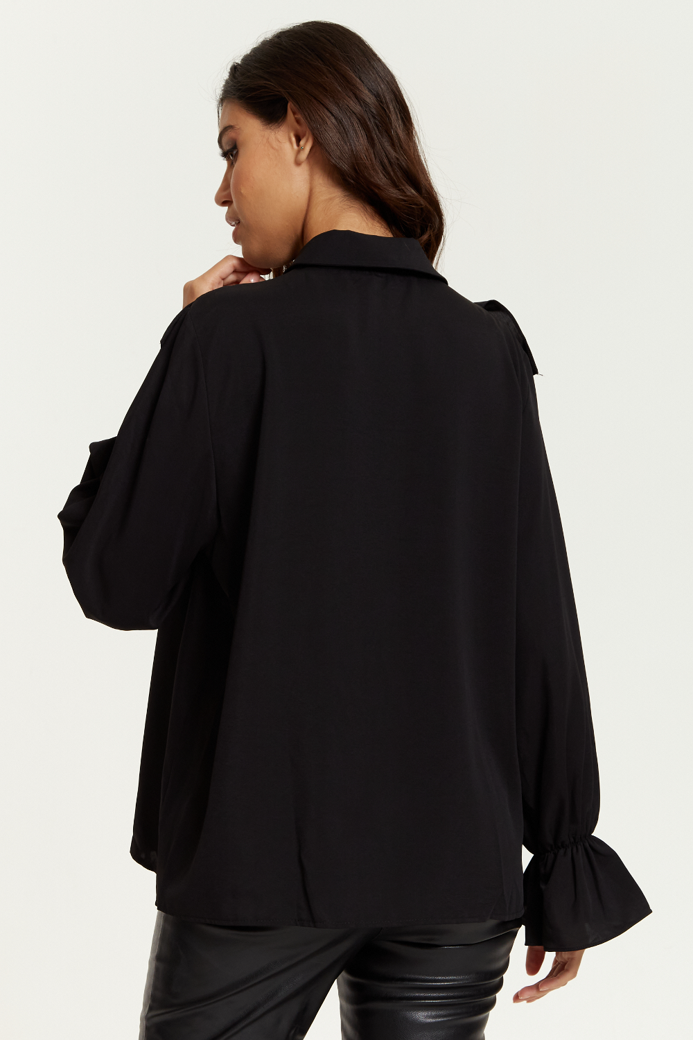 Ruffle Detailed Front with Ruffle Sleeves Shirt in Black