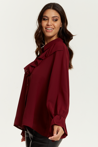 Oversized Frilled Front Shirt with Detailed Cuffs in Burgundy