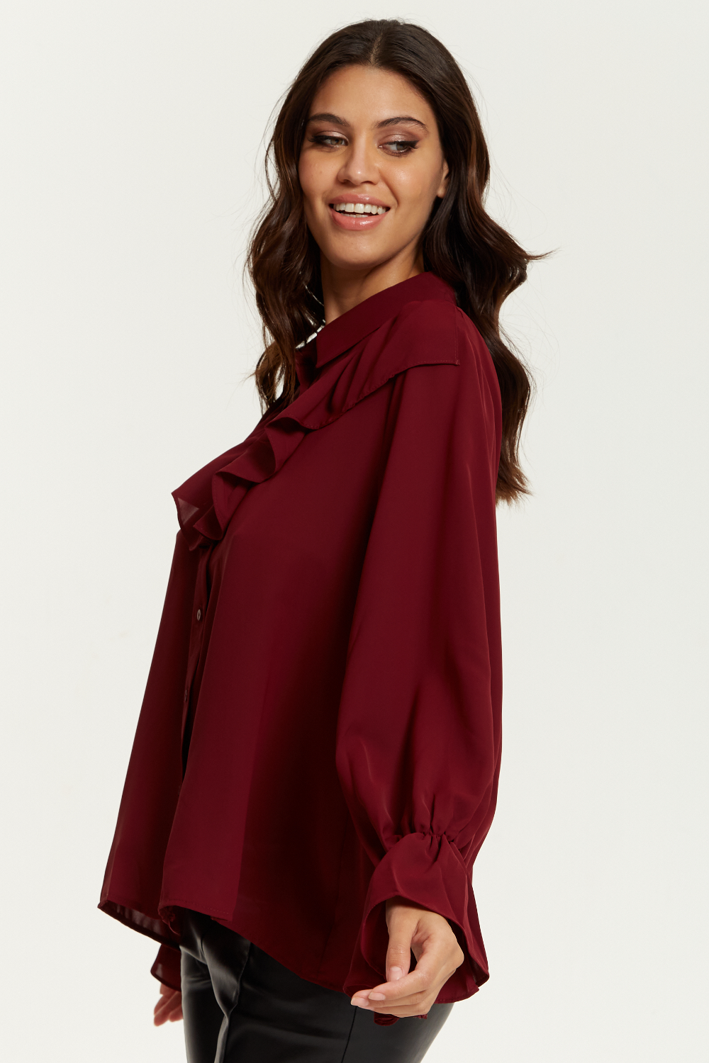 Oversized Frilled Front Shirt with Detailed Cuffs in Burgundy
