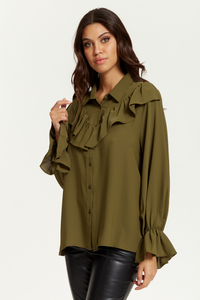 Ruffle Detailed Front with Ruffle Sleeves Shirt in Khaki