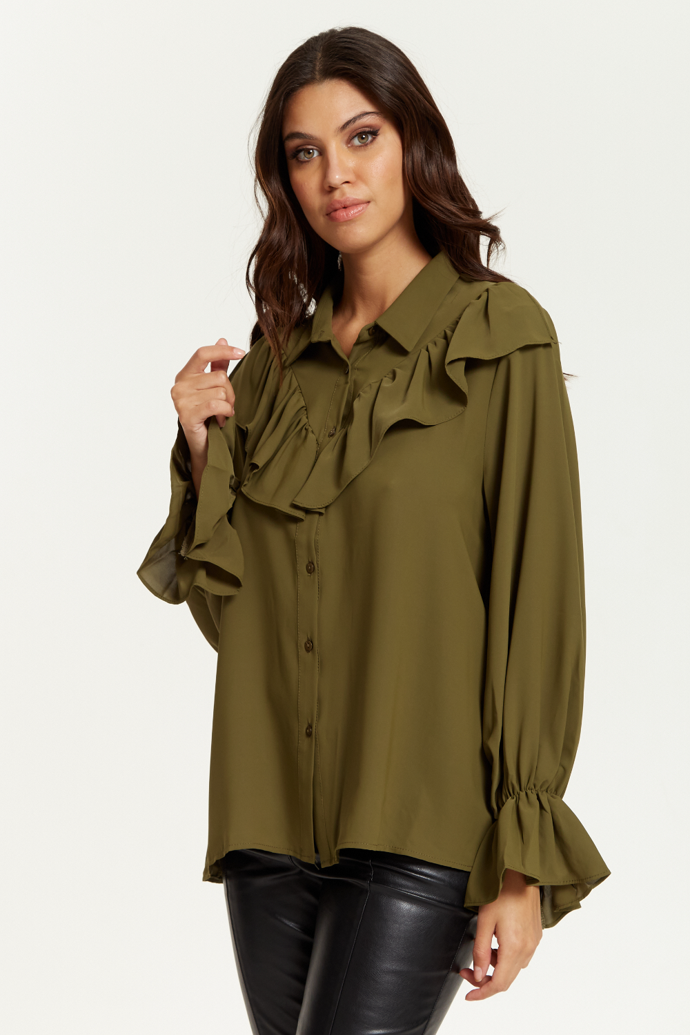 Ruffle Detailed Front with Ruffle Sleeves Shirt in Khaki