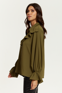 Ruffle Detailed Front with Ruffle Sleeves Shirt in Khaki