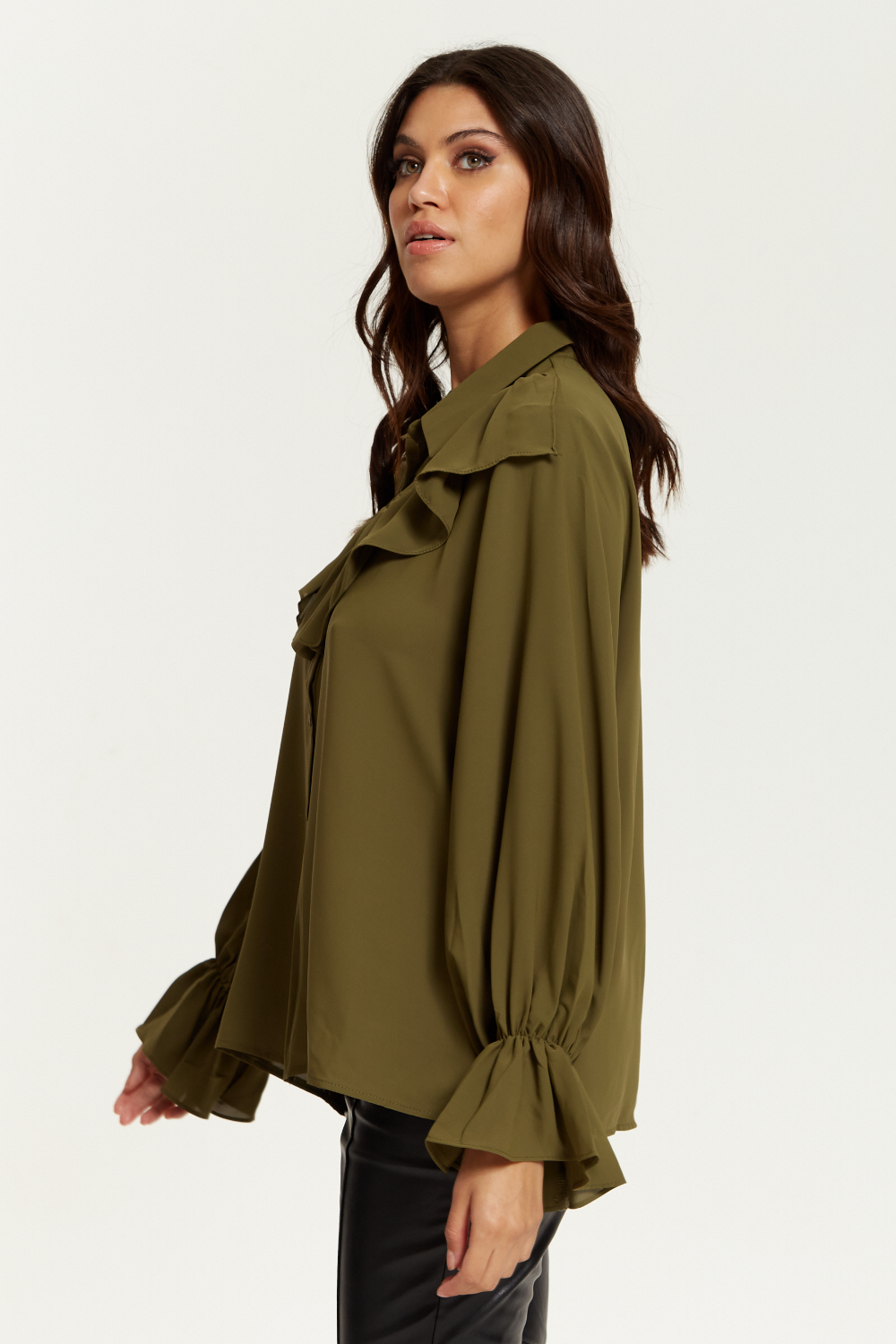 Ruffle Detailed Front with Ruffle Sleeves Shirt in Khaki