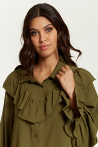 Ruffle Detailed Front with Ruffle Sleeves Shirt in Khaki