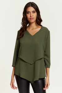3/4 Sleeves V Neck Layered Relaxed Fit Top in Khaki