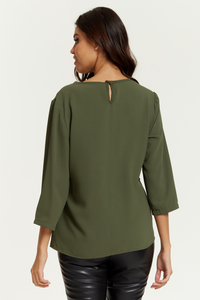 3/4 Sleeves V Neck Layered Relaxed Fit Top in Khaki