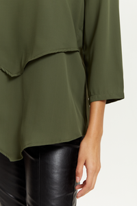 3/4 Sleeves V Neck Layered Relaxed Fit Top in Khaki